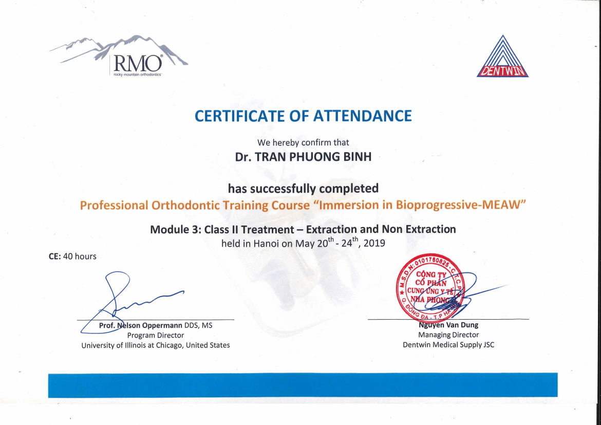 Một trong các chương trình đào tạo chỉnh nha quốc tế mà ThS.BS Trần Phương Bình đã hoàn thành.